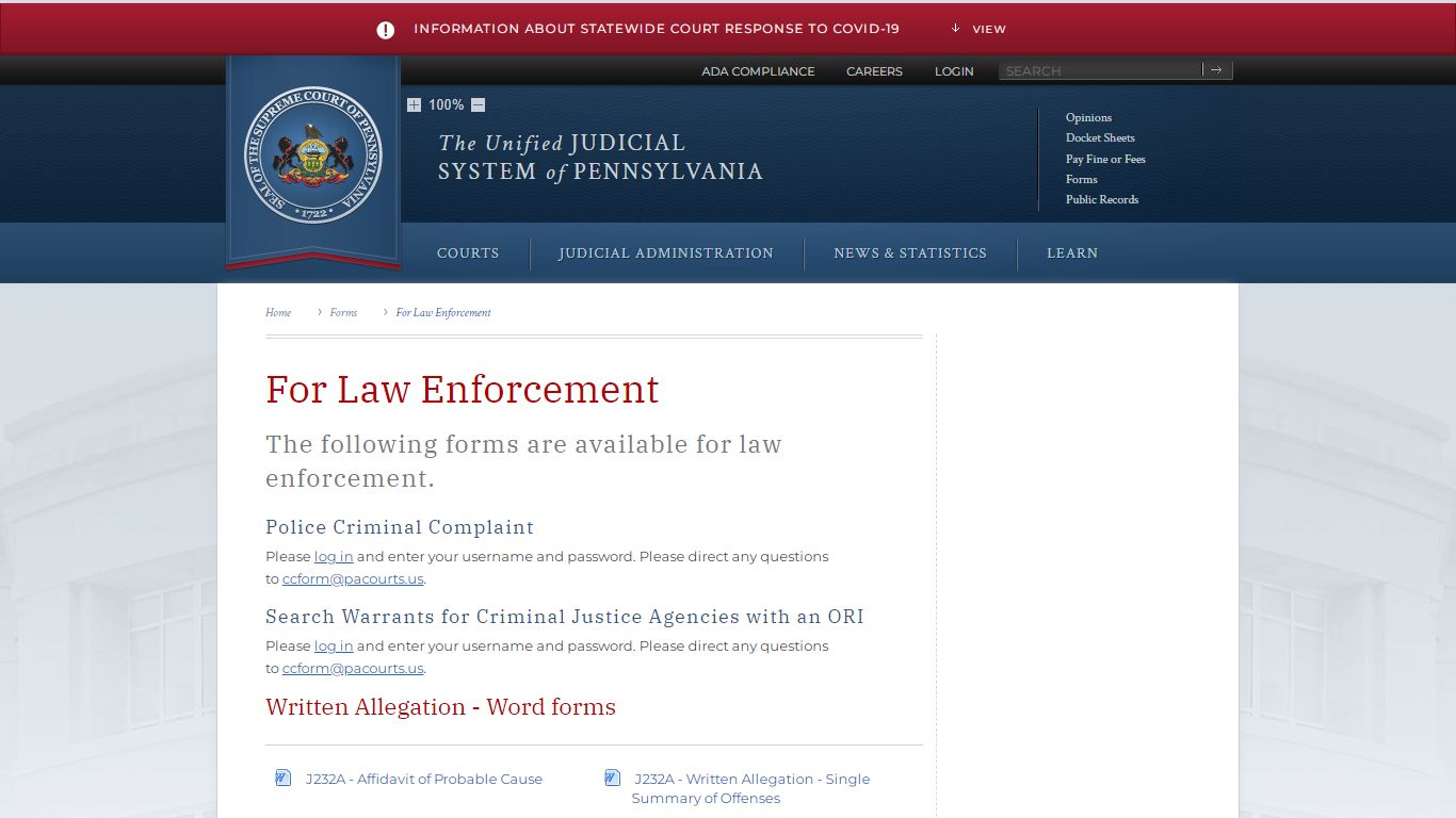 For Law Enforcement | Forms | Unified Judicial System of Pennsylvania